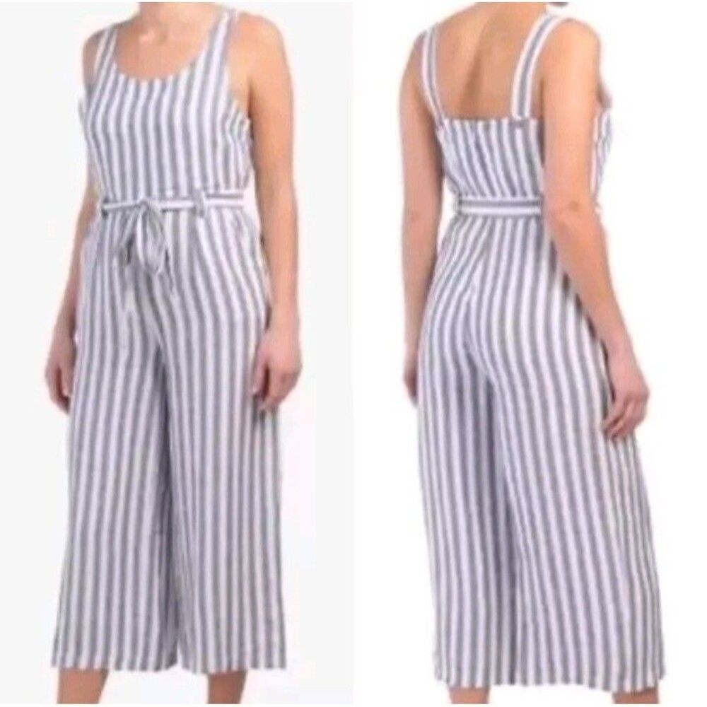 Rachel Zoe  Blue white Striped 100% Linen Overall Romper Jumpsuit SIZE 8
